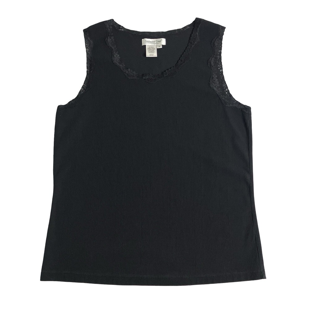 Y2K Coldwater Creek Lace Trim Tank Top Womens M Black Stretch Goth Whimsygoth